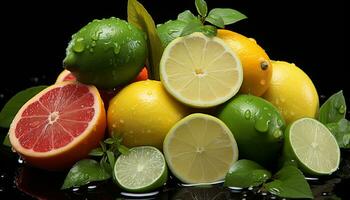 Lemon, lime, grapefruit, slice, organic, healthy eating, refreshing, vibrant, mint leaf, juicy generated by AI photo