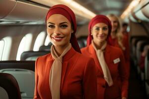 AI generated stewardesses walk gracefully through the cabin photo