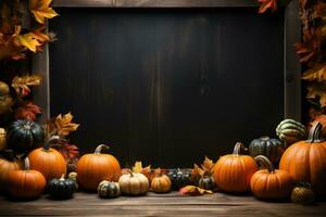 Halloween signboard mockup with pumpkins and fallen leaves AI Generative photo