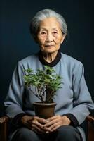 mayor chino mujer, lleno cuerpo en un minimalista vivo habitación ai generativo foto