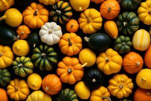 Colorful varieties of pumpkins and squashes AI generated photo