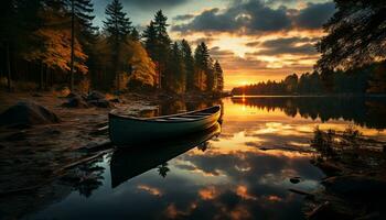 Tranquil scene forest, water, sunset, reflection, tree, beauty in nature generated by AI photo