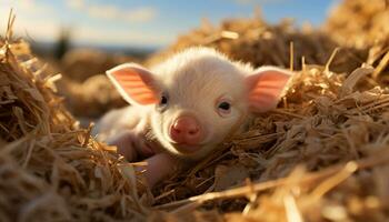 Cute piglet and fluffy puppy play in the sunny meadow generated by AI photo
