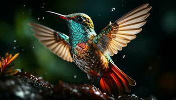 Hummingbird flying, iridescent feather, vibrant colors, beauty in nature generated by AI photo