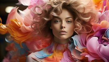 Beautiful adult Caucasian woman with blond curly hair and pink dress generated by AI photo