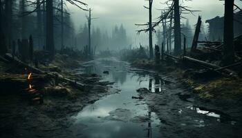 tranquilo escena de un escalofriante bosque en mojado otoño clima generado por ai foto