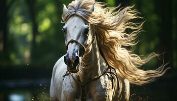 Majestic stallion gallops freely in the lush green meadow generated by AI photo