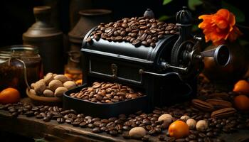 Freshly ground coffee beans bring rustic aroma to the table generated by AI photo