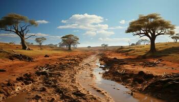 africano sabana, seco tierra, acacia árbol, atardecer, fauna silvestre reserva generado por ai foto