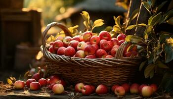 frescura de naturaleza cosecha orgánico, maduro manzanas en mimbre cesta generado por ai foto