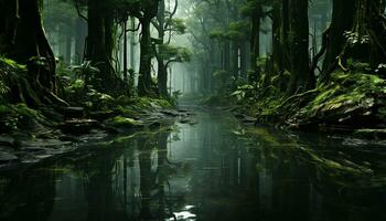 Tranquil scene foggy forest, green trees, reflecting in calm pond generated by AI photo