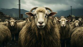 granja animales pasto en un prado, naturaleza linda y lanoso retrato generado por ai foto