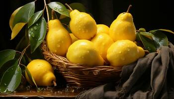 Freshness of nature bounty citrus fruit, lemon, leaf, ripe, green generated by AI photo