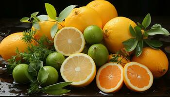 Freshness of citrus fruit, vibrant colors, healthy eating, juicy slice generated by AI photo