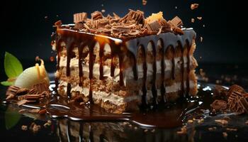 Indulgent slice of gourmet dark chocolate cake with whipped cream generated by AI photo