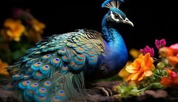Majestic peacock displays vibrant colors, beauty in nature elegance generated by AI photo