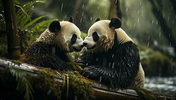 Cute panda eating bamboo in the tropical rainforest, surrounded by beauty generated by AI photo