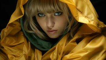 Beautiful caucasian woman in a raincoat, looking at camera with elegance generated by AI photo