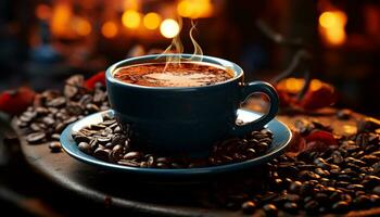 Coffee cup on wooden table, a hot drink for relaxation generated by AI photo