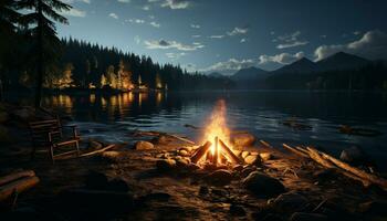 Nature beauty reflected in tranquil campfire, burning with peaceful heat generated by AI photo