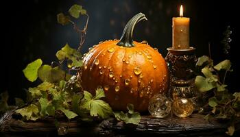 Pumpkin lantern glows in the dark, Halloween celebration in autumn generated by AI photo