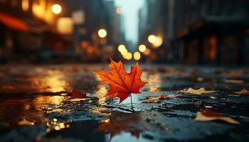 Autumn leaf, nature vibrant colors illuminate the dark cityscape generated by AI photo