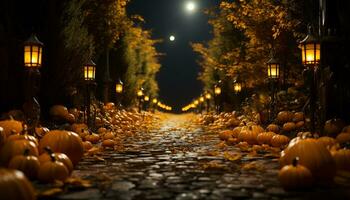 Spooky Halloween night, lantern glowing, autumn decoration, celebration of horror generated by AI photo