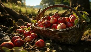 frescura y naturaleza en un cesta, maduro orgánico Fruta generado por ai foto