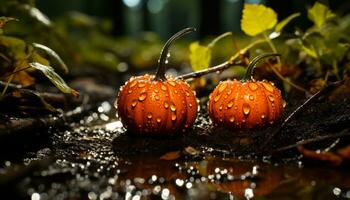 Autumn wet freshness brings organic pumpkin, ripe fruit, and falling leaves generated by AI photo