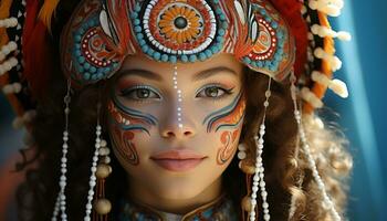 hermosa joven mujer en tradicional ropa, mirando con confianza a cámara generado por ai foto