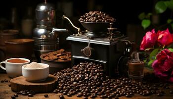 Freshly ground coffee beans on a rustic wooden table, aromatic generated by AI photo