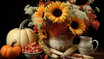 otoño cosecha calabaza, hoja, girasol, calabaza, trigo, cuerno de la abundancia, uva generado por ai foto