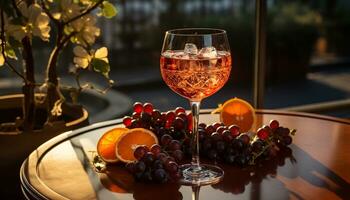 vino, fruta, uva, mesa, alcohol, beber, alimento, Bebiendo vaso, naturaleza, Copa de vino generado por ai foto