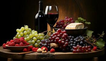 Freshness of nature bounty grape, fruit, wood, table, leaf generated by AI photo