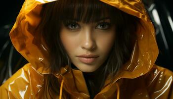 Beautiful woman in raincoat, holding umbrella, looking at camera generated by AI photo