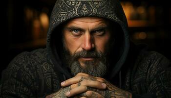 Serious man with a dark hood, tattoo, and beard looking generated by AI photo