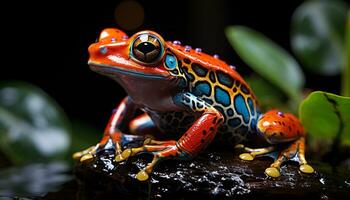 Cute toad sitting on a leaf, looking at tropical forest generated by AI photo