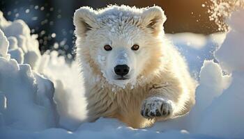 un mullido Samoyedo perrito jugando en el nieve, mirando a cámara generado por ai foto