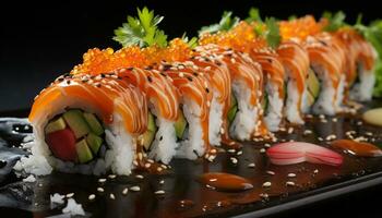 Freshness on plate seafood, maki sushi, rolled up, sashimi, avocado generated by AI photo