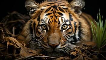 majestuoso Bengala tigre, feroz y hermoso, curioso dentro el cámara generado por ai foto