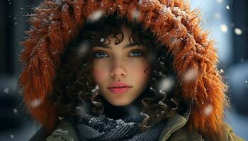 Winter beauty Caucasian woman, fashion model, smiling, looking at camera generated by AI photo