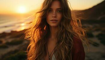 joven mujer con largo marrón pelo mirando a cámara, disfrutando puesta de sol generado por ai foto