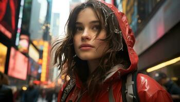 un hermosa joven mujer caminando en el lluvia a noche generado por ai foto