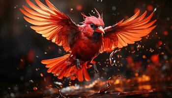 Vibrant colors, feathered beauty, flying motion, animal wing, glowing celebration generated by AI photo