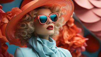 Fashionable woman with blond hair and sunglasses exudes elegance and sensuality generated by AI photo