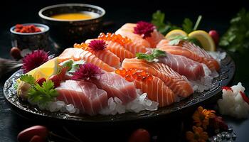 Freshness on a plate seafood, sashimi, meat, fish, vegetable, fillet, salad generated by AI photo