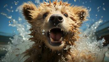 un linda mojado perro jugando en agua, salpicaduras y sonriente generado por ai foto