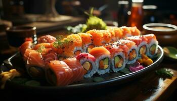 frescura y culturas en un lámina, Mariscos comida con sashimi generado por ai foto