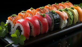 Freshness on a plate seafood, sashimi, maki sushi, avocado, nigiri generated by AI photo
