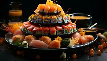 Freshness on a plate seafood, sashimi, nigiri, maki sushi, seaweed generated by AI photo